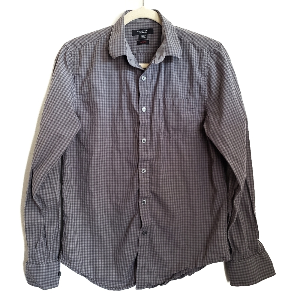 Structure Shirt S Small Gray Plaid Long Sleeve Button Up